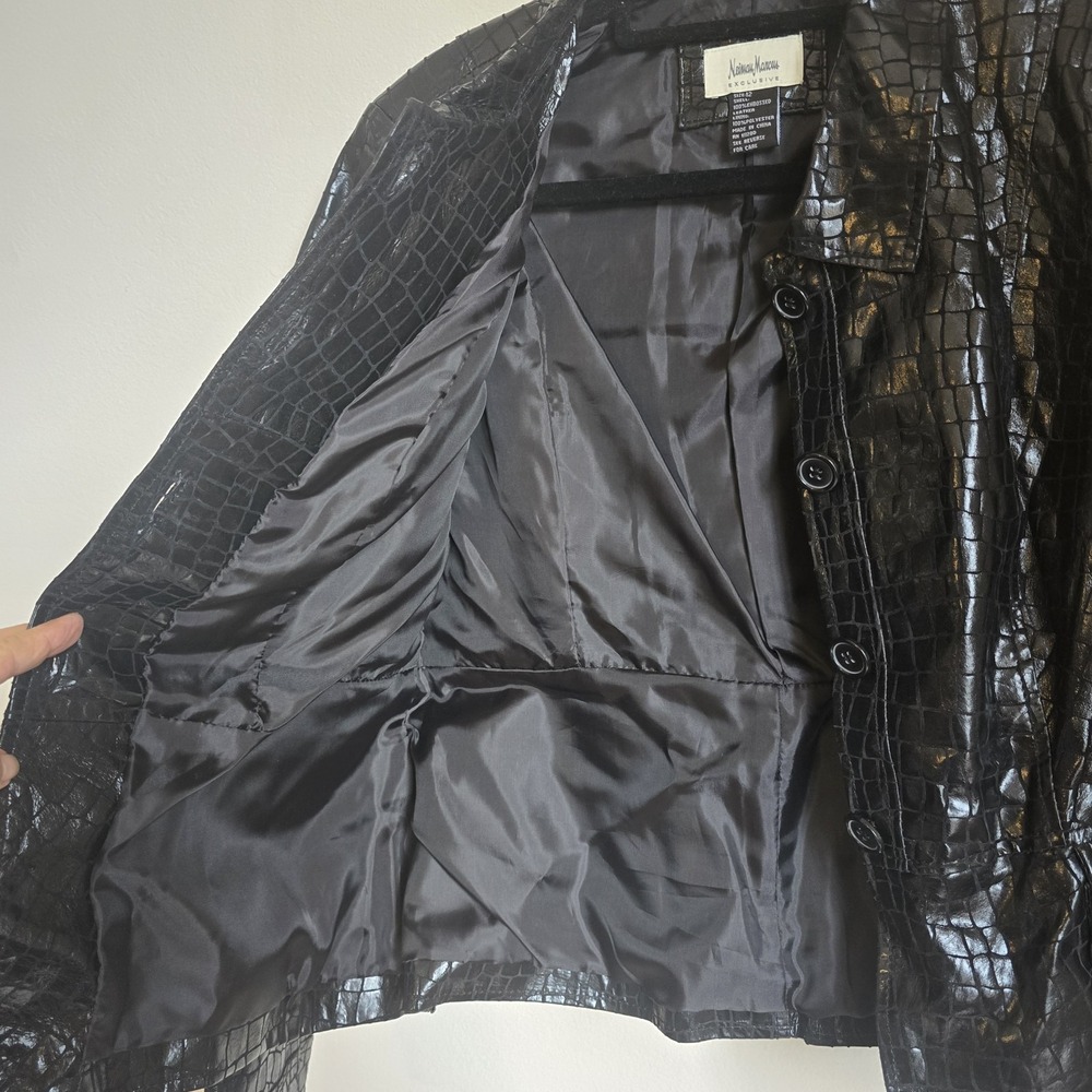Vintage Neimam Marcus Y2K Faux Alligator Black Leather Jacket Size 12 - Picture 16 of 16